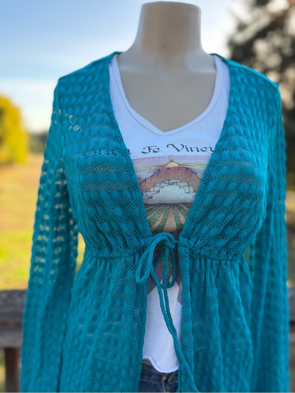 Jantzen Teal Crochet Eyelet Swimsuit Coverup Women’s Size L Boho Chic Fairycore - Picture 10 of 16